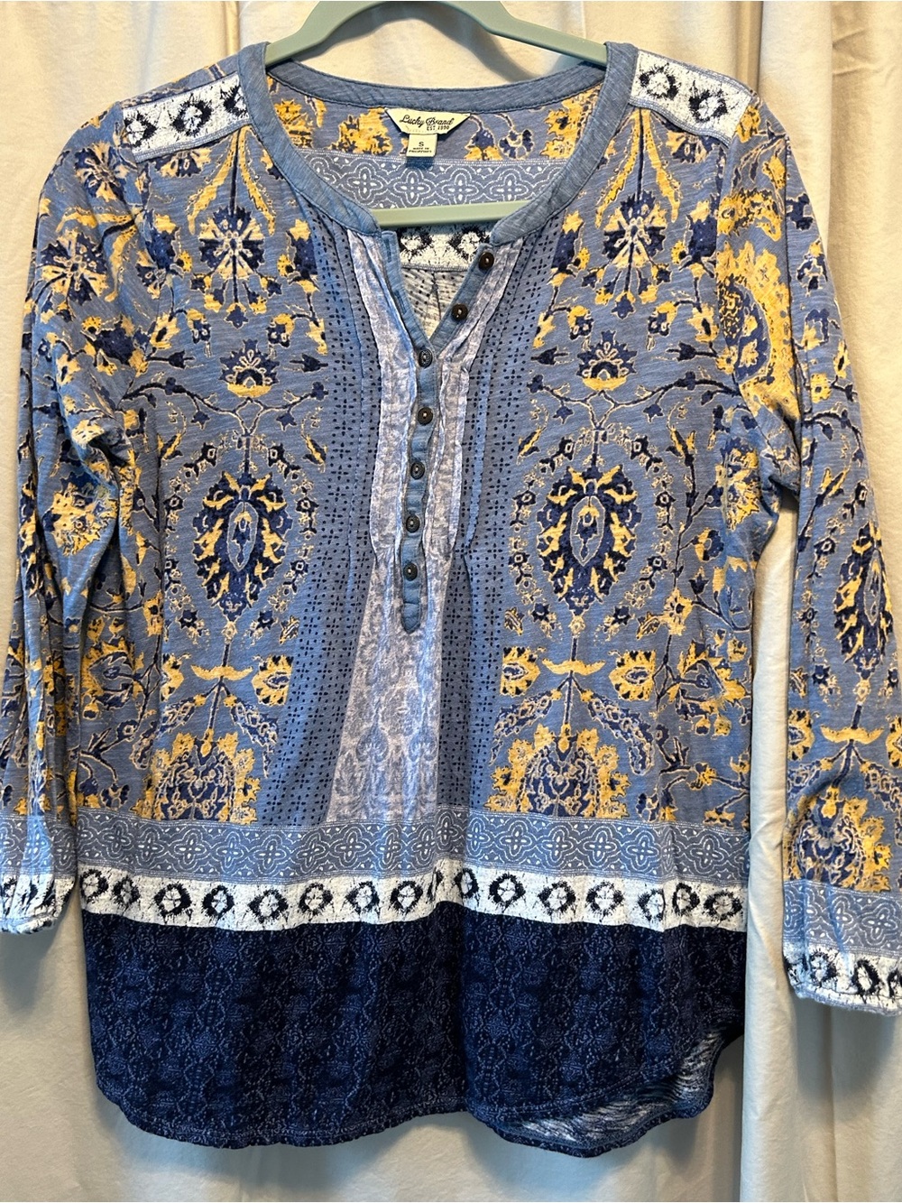 Lucky Brand Blue and Yellow Printed Henley Top